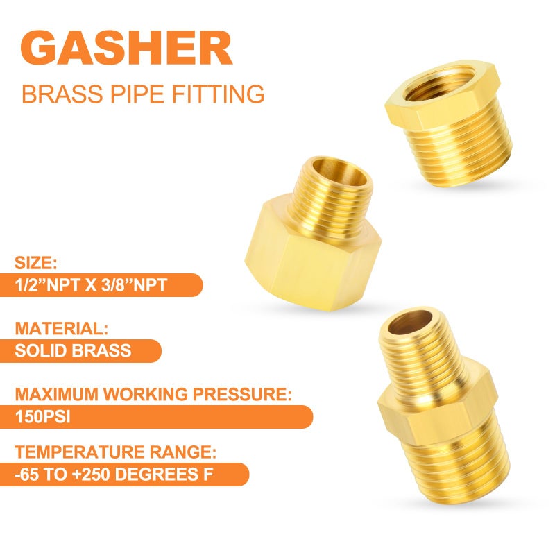 GASHER 15PCS Brass Pipe Fitting, Hex Bushing, Reducer Adapter, Reducing Hex Nipple 1/2 Inch NPT x 3/8 Inch NPT - Image 4